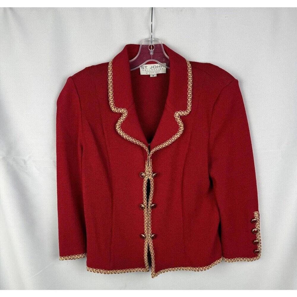 St. John By Marie Gray Button-Up Crop Jacket Red Gold Trim Size 8 US